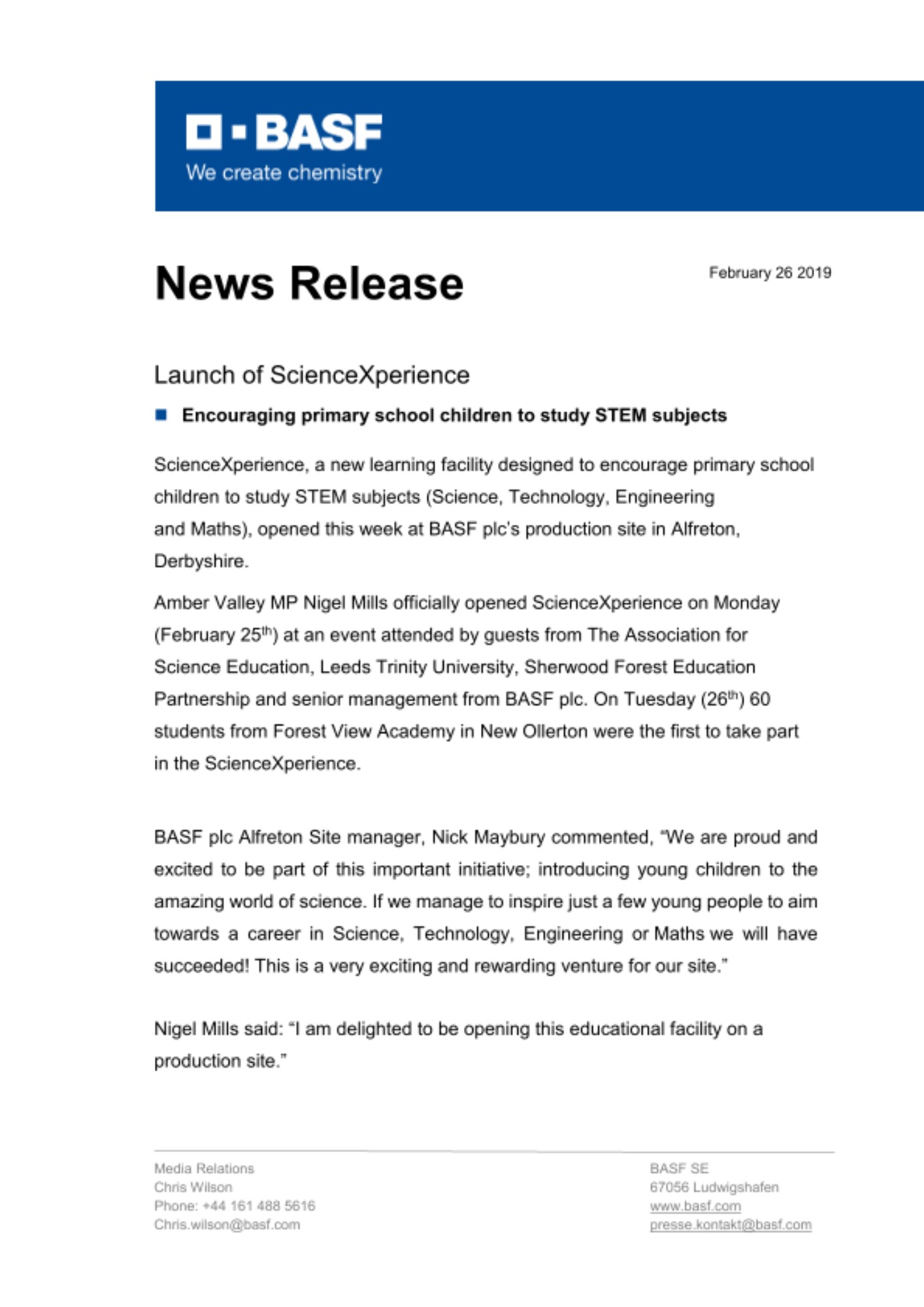 ScienceXperience, a new learning facility designed to encourage primary school children to study STEM subjects (Science, Technology, Engineering and Maths), opened this week at BASF plc’s production site in Alfreton, Derbyshire.